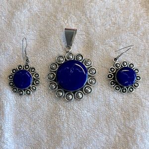 Sterling silver with royal blue stone pendant, and matching earrings
